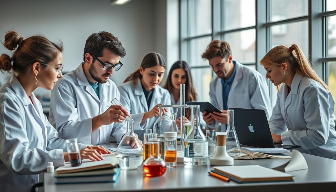 Students studying together in modern classroom